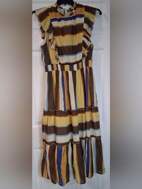 Ina Striped Ruffle Casual Striped Dress Brown Yellow Blue Long Maxi Dress